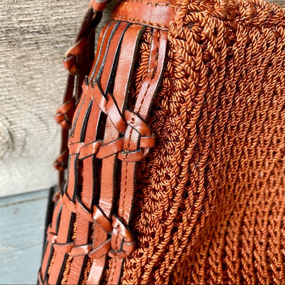 Vintage Eighties Rust Brown Leather Knit Zip Top Crossbody Shoulder Handbag - Picture 4 of 6